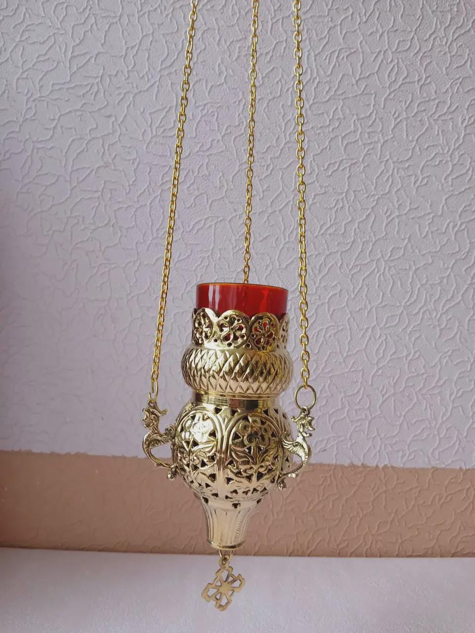 9.06 in Brass Hanging Lampada, Openwork Brass Hanging Oil Lamp, Greek Orthodox Lampada
