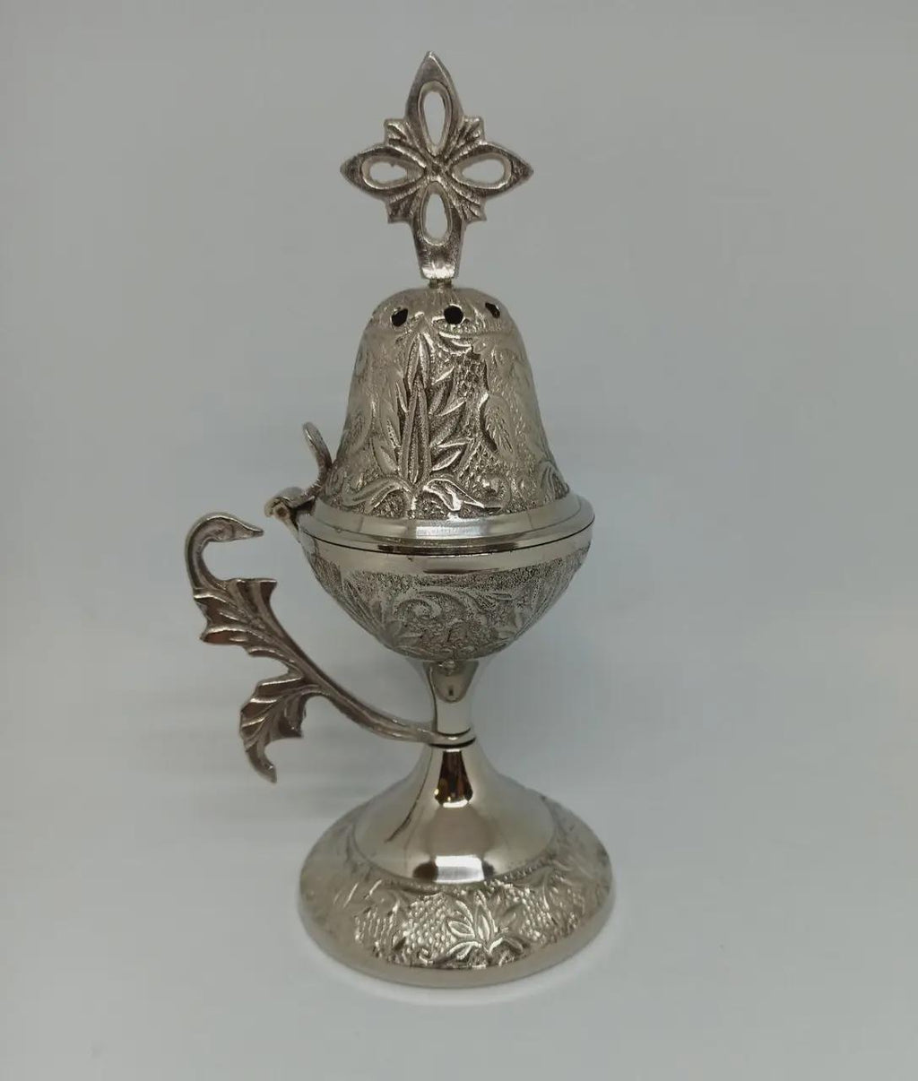 Silver Tone Orthodox Incense Burner 8in, Tall Greek Home Censer, Engraved Metal Censer, Byzantine Censer, Prayer Tool