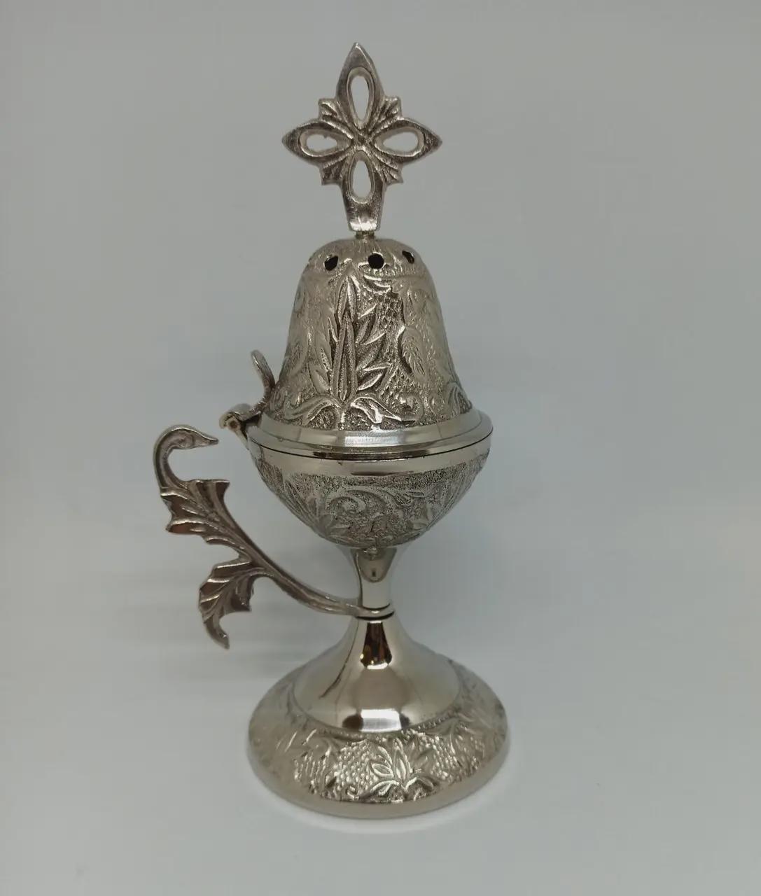 Silver Tone Orthodox Incense Burner 8in, Tall Greek Home Censer, Engraved Metal Censer, Byzantine Censer, Prayer Tool