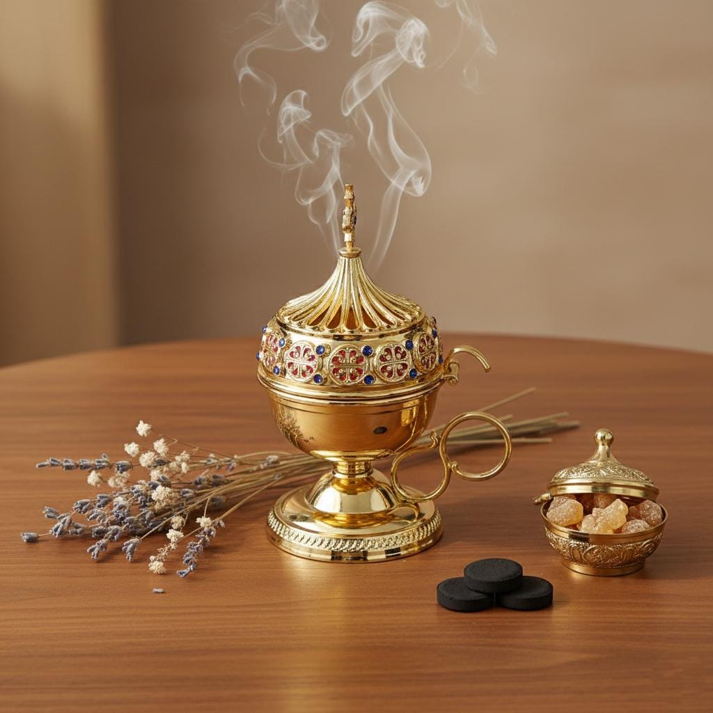 Christian incense set: censer, 50 grams of Greek incense and 6 tablets of charcoal.