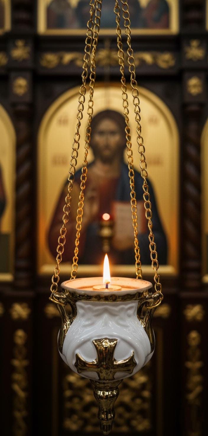 White ceramic Christian pendant lamp with gold cross 5.5 in. Includes 10 wicks, a wick holder, and the pendant lamp.