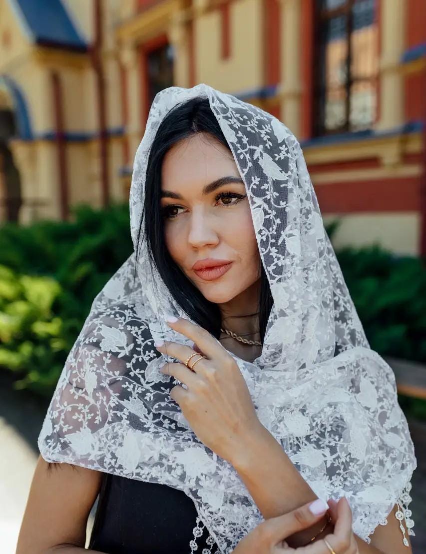 White Chiffon Women Scarf, 61x20 Inch, Floral Lightweight Shawl, Elegant Summer Scarf