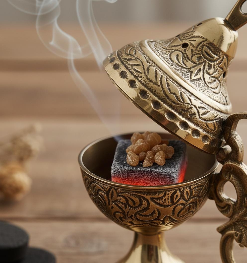 Orthodox Prayer Set: 5.5 in × 3.1 inch gold metal censer, 50 grams of incense, 6 charcoal tablets.