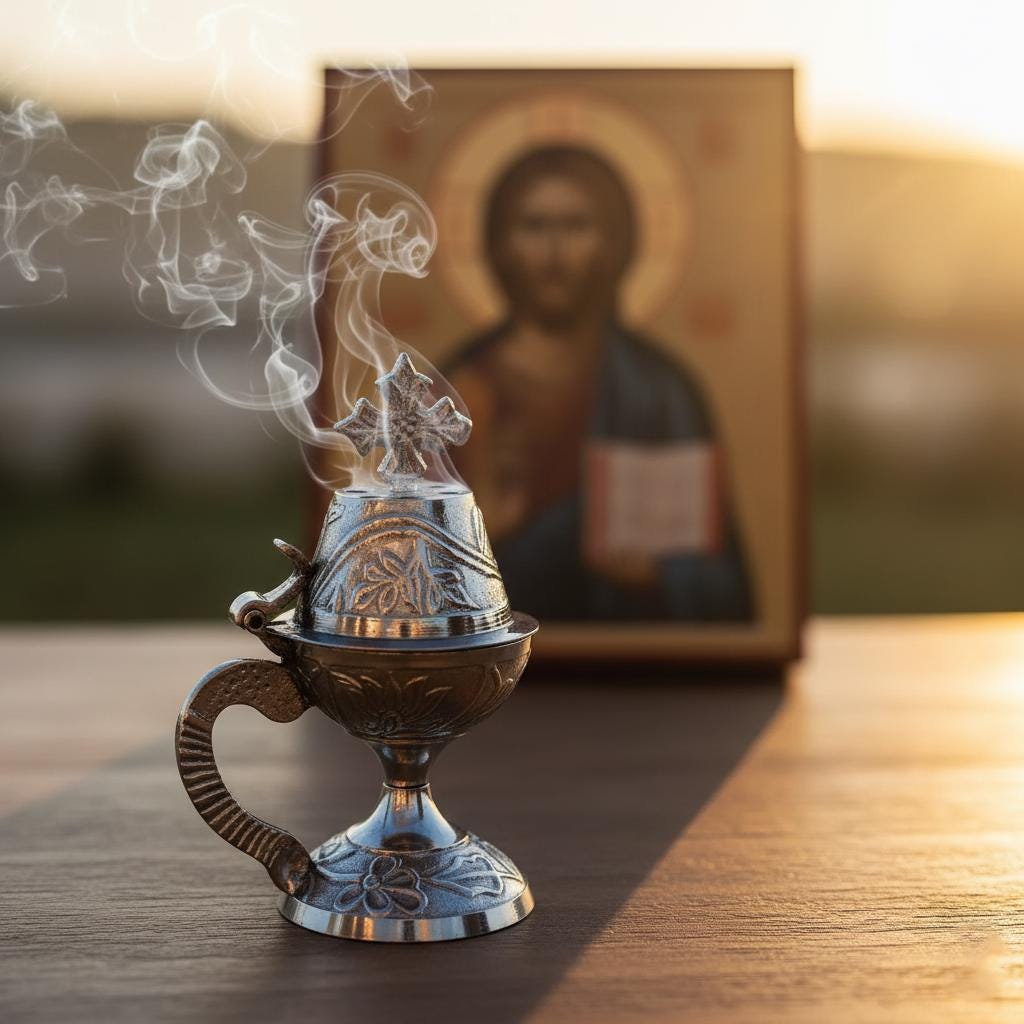 Orthodox Prayer Set: 5.5 in × 3.1 inch gold metal censer, 50 grams of incense, 6 charcoal tablets.