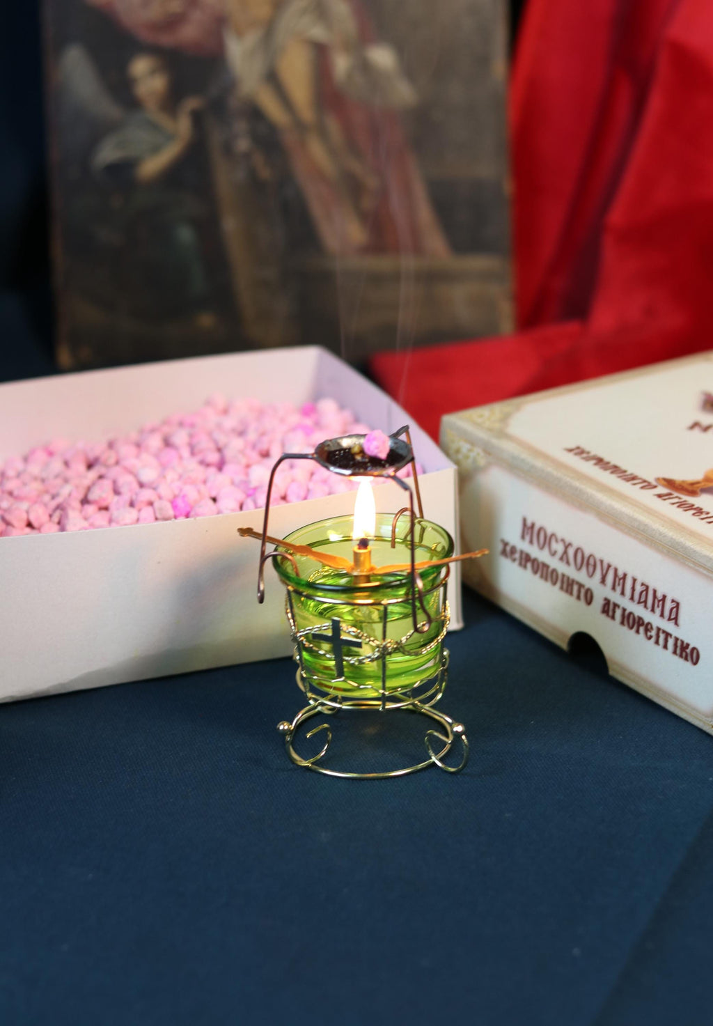Orthodox Christian Incense Set – Lampada with Burner Attachment & 60g Greek Frankincense – Prayer Kit for Home Altar or Worship