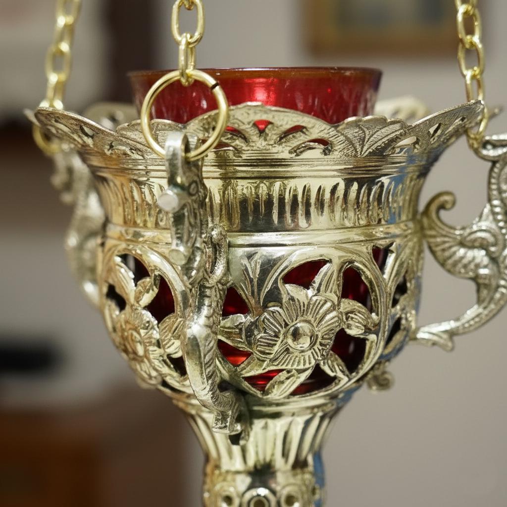 Hanging Vigil Lamp 7.3x4.9 in,, Greek Orthodox Lampada with 16.7 in Chain
