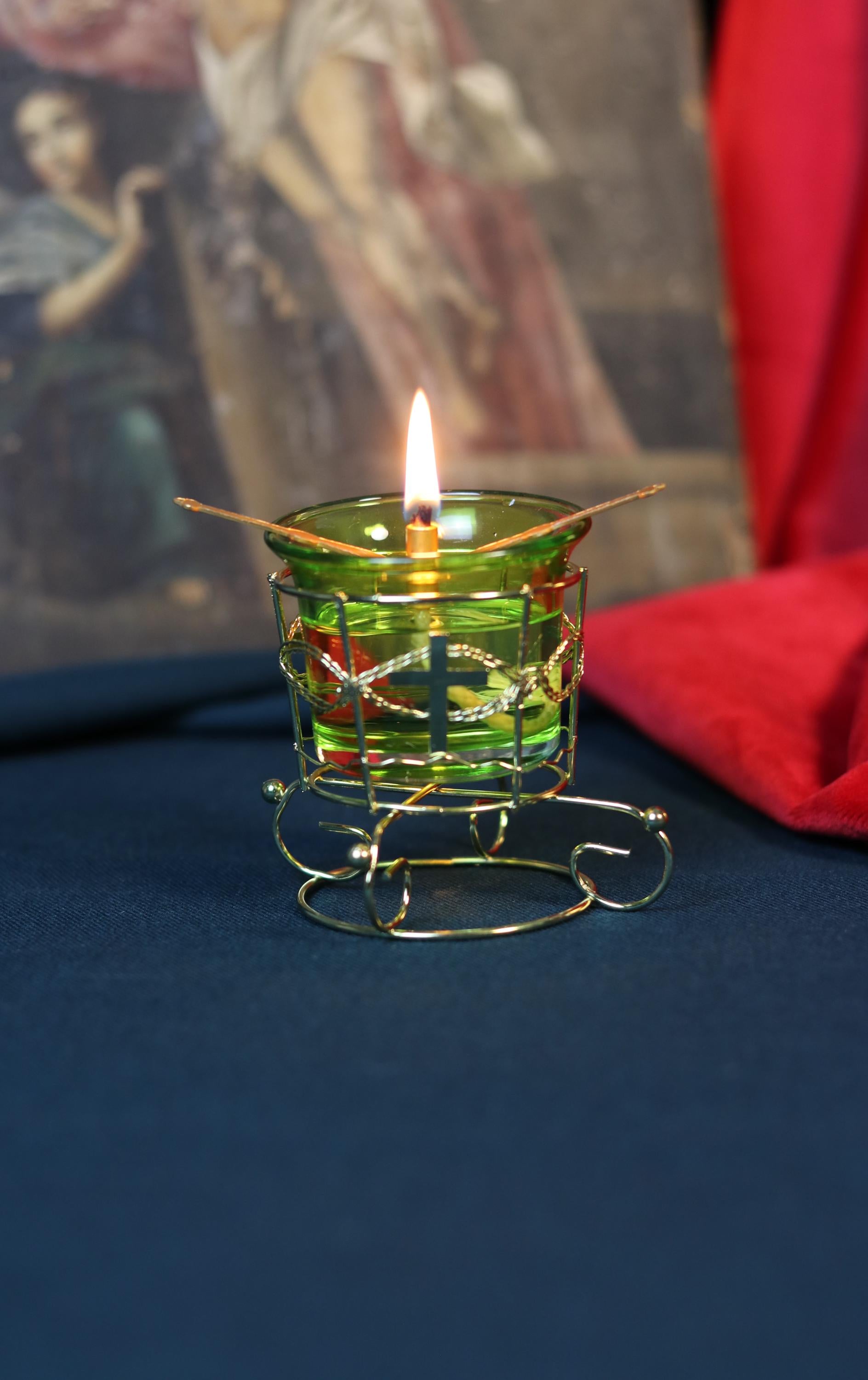 Green Glass Oil Lamp in Metal Stand 2in  – Orthodox Candle Holder for Prayer, Aromatherapy, Altar Decor, Christian Gift, Orthodox prayer