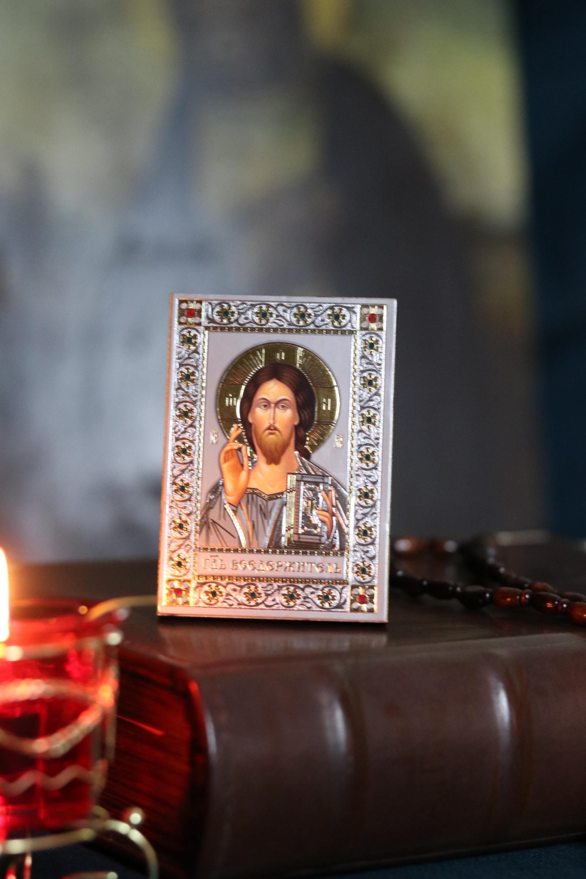Wooden Orthodox Jesus Christ Icon 3.3in, Christ Pantocrator, Small Prayer Icon