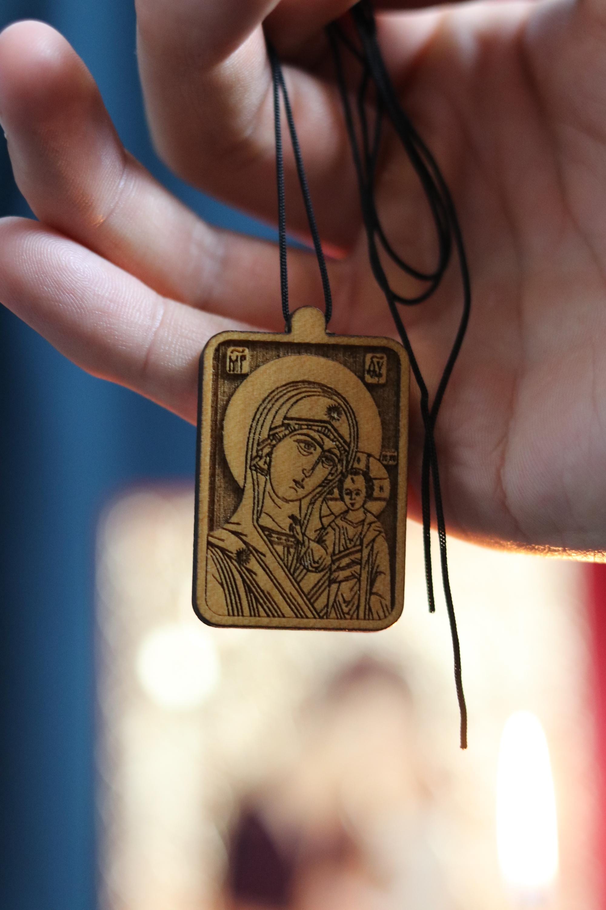 Orthodox Wooden Pendant – Icon of Theotokos with Christ – Burned Wood Necklace – Blessed Christian Medal, Crucifixes crosses, Wood cross