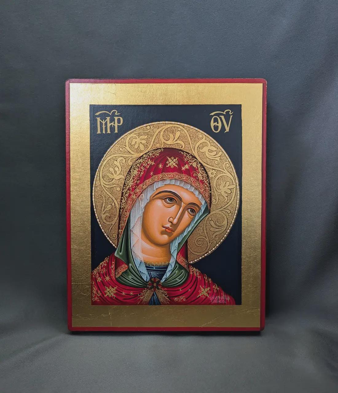 Hand-Painted Greek Icon 7.4×5.9in — Virgin Mary Icon, Byzantine Style, Gold Leaf Icon.