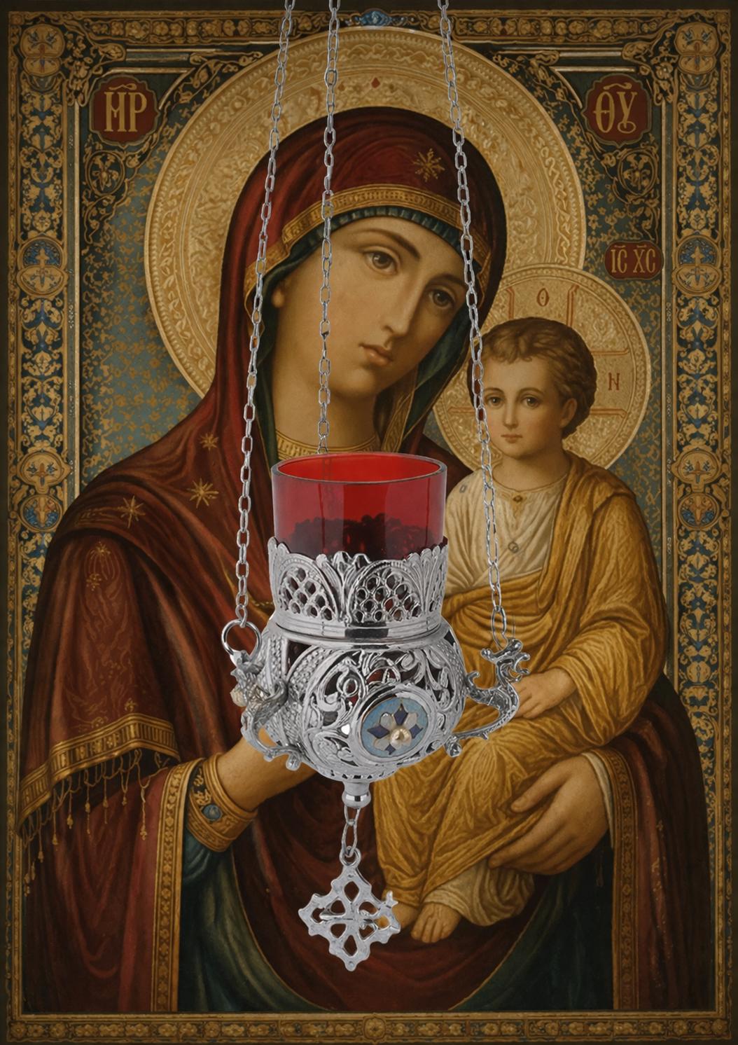 Brass Hanging Candle Holder Enamel Orthodox Lamp 4.3in Decor