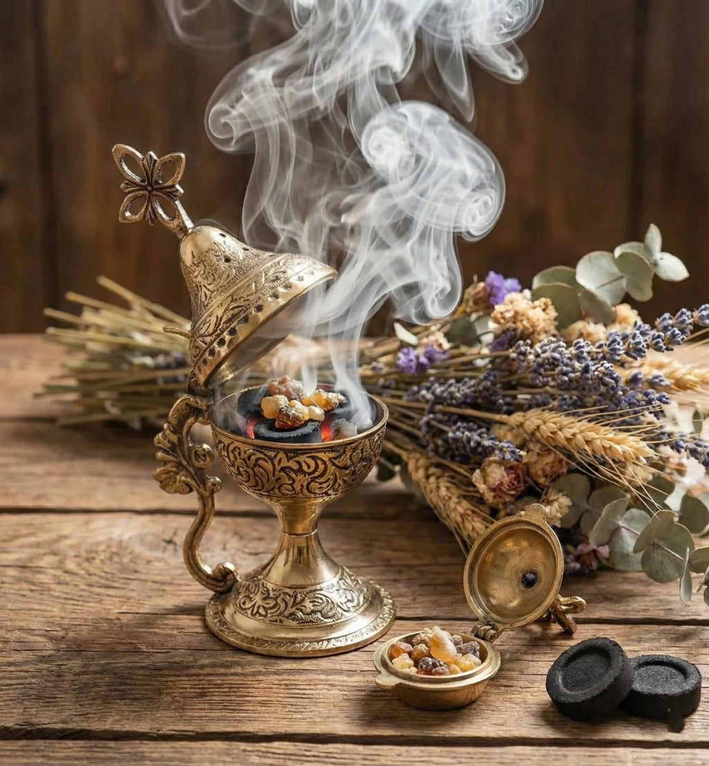 Incense set: 5.5-inch engraved metal censer, 50 grams of Greek incense, 6 tablets of charcoal.