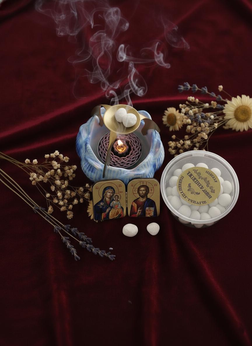 Christian Prayer Set, Blue Lotus Incense Burner with Candle, 50g Greek Incense, Folding icon 2x1.6in.