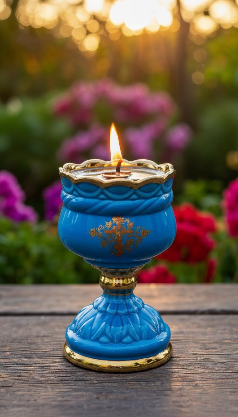 Ceramic Table Oil Lamp 5.5in Blue. Set includes: Lamp body, glass insert, float, 10 wicks