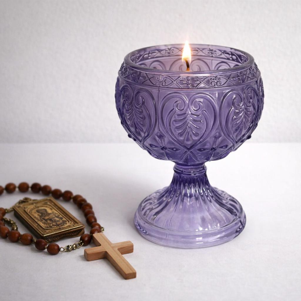 Orthodox Purple Glass Oil Lamp 3.9x2.6 in, Prayer Church Candle Holder