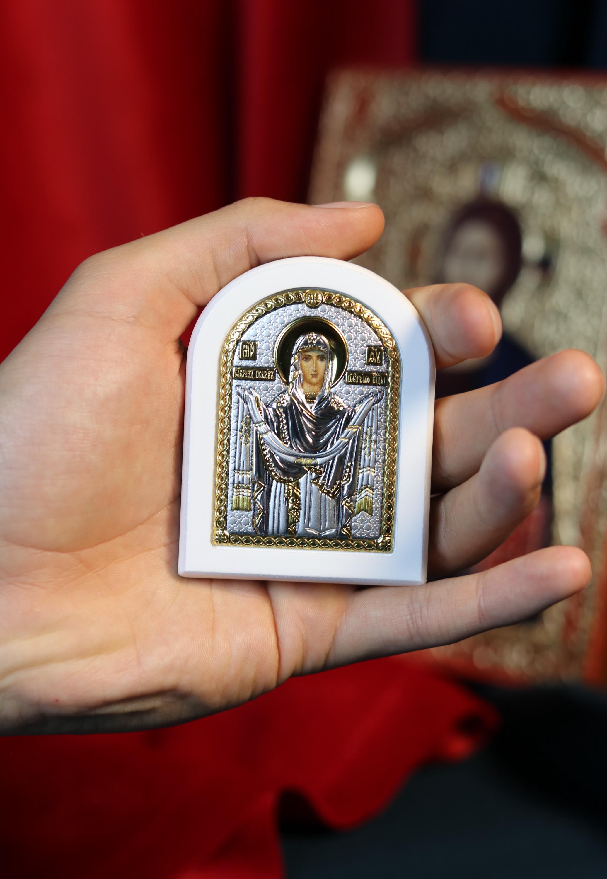 Orthodox Icon Virgin Mary Pokrov 2.36"x2.95" | Silver 925 Gold Gilded | Small Arch Religious Icon | Blessed in Church | Christian Gift