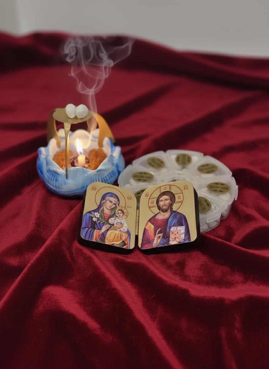 Home Incense Set – 8 Types of Athonite Incense, Candle Holder “Lotus”, Spider Stand & Folding Icon