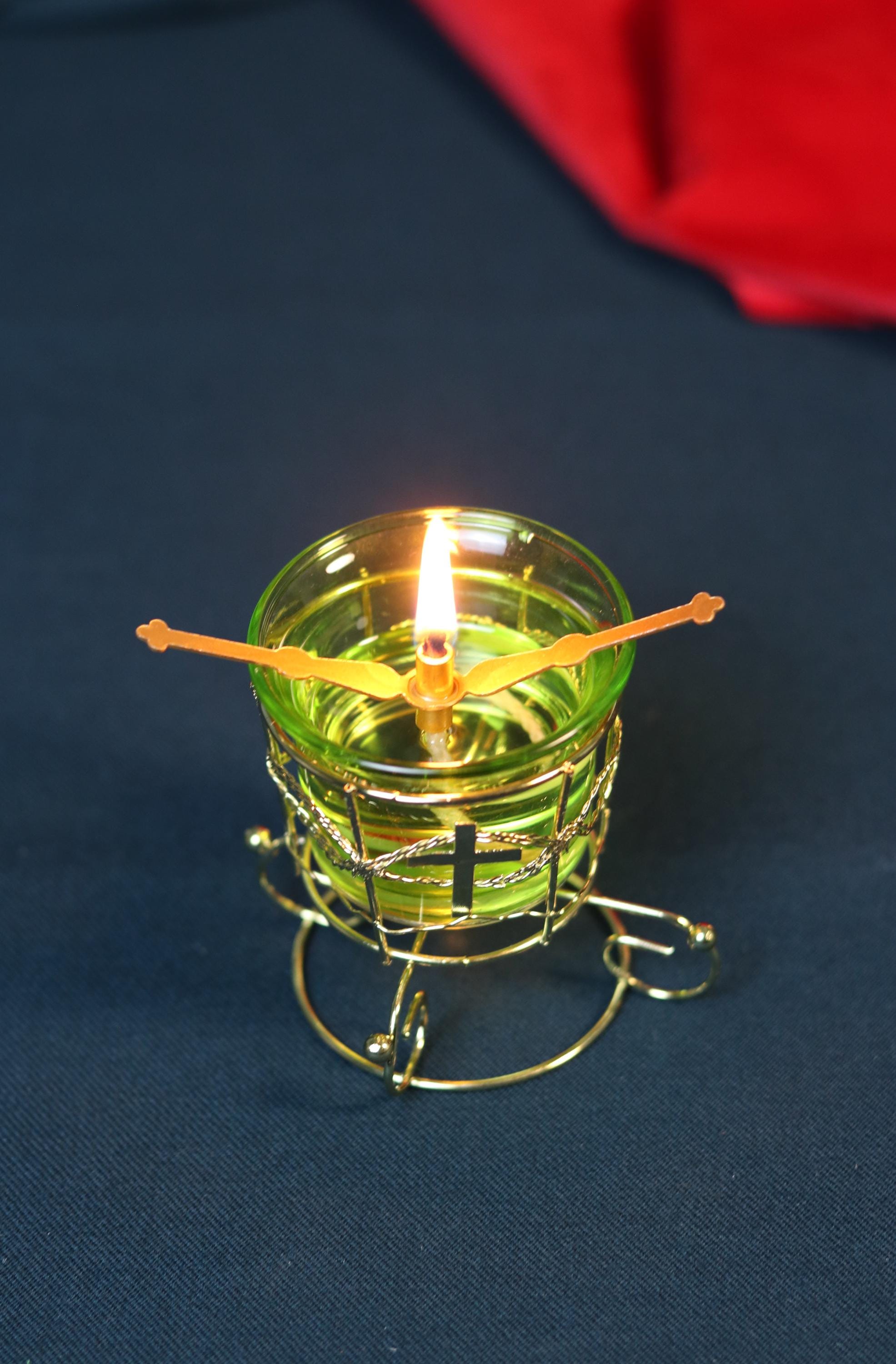 Green Glass Oil Lamp in Metal Stand 2in  – Orthodox Candle Holder for Prayer, Aromatherapy, Altar Decor, Christian Gift, Orthodox prayer