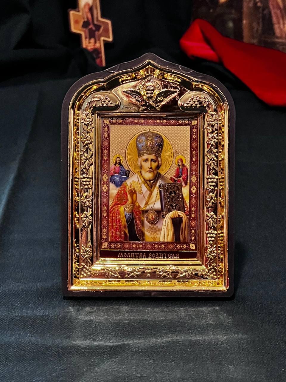 Icon in frame Nicholas the Wonderworker Myra, Icon with decoration, Orthodox icon, Lithography icon, Icon 10x14