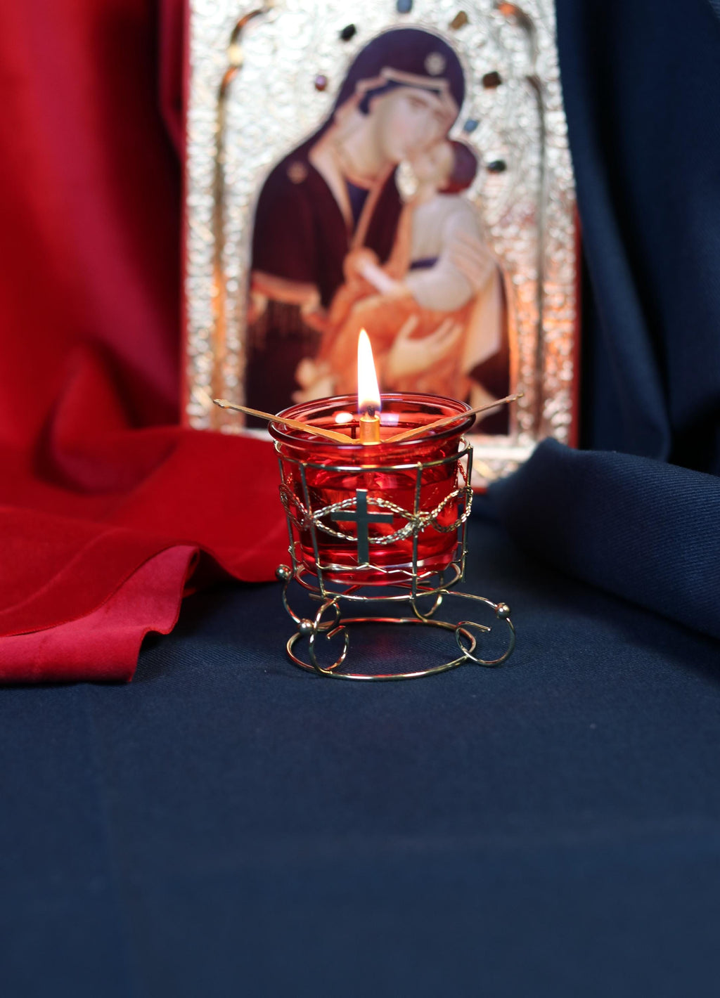 Red Glass Oil Lamp in Metal Stand 2in  – Orthodox Candle Holder for Prayer, Aromatherapy, Altar Decor, Christian Gift, Orthodox prayer