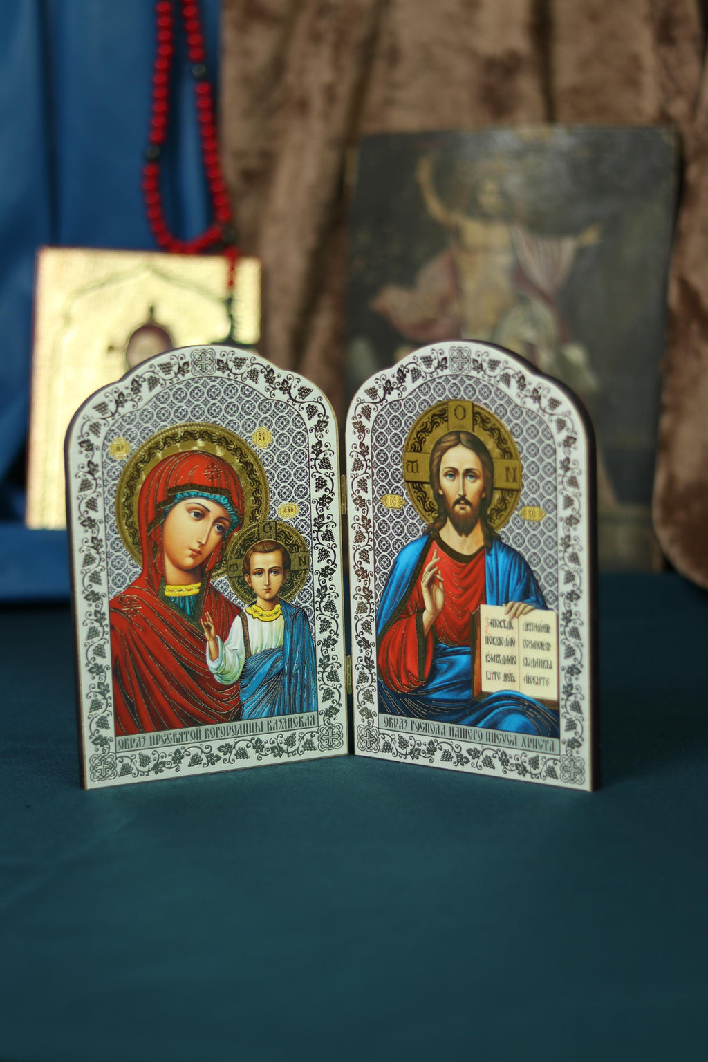 Wooden Orthodox triptych with the Mother of God and Jesus Christ, 5.1×7.9 in.