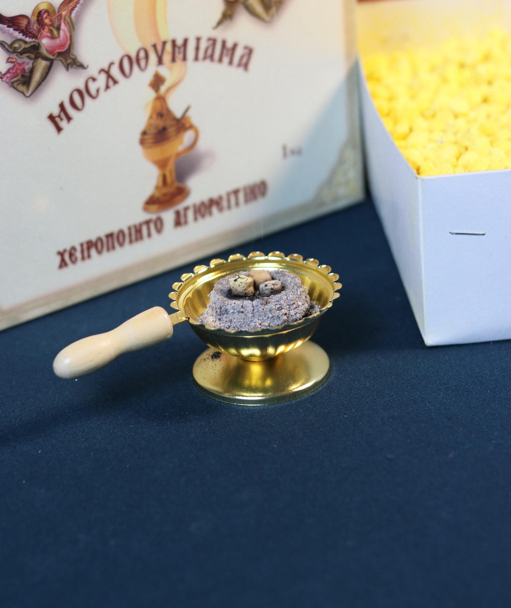 For Home Incense Set: 2in Brass Censer, 6 Charcoal Tablets (0.94in), 50g Greek Monastery Incense