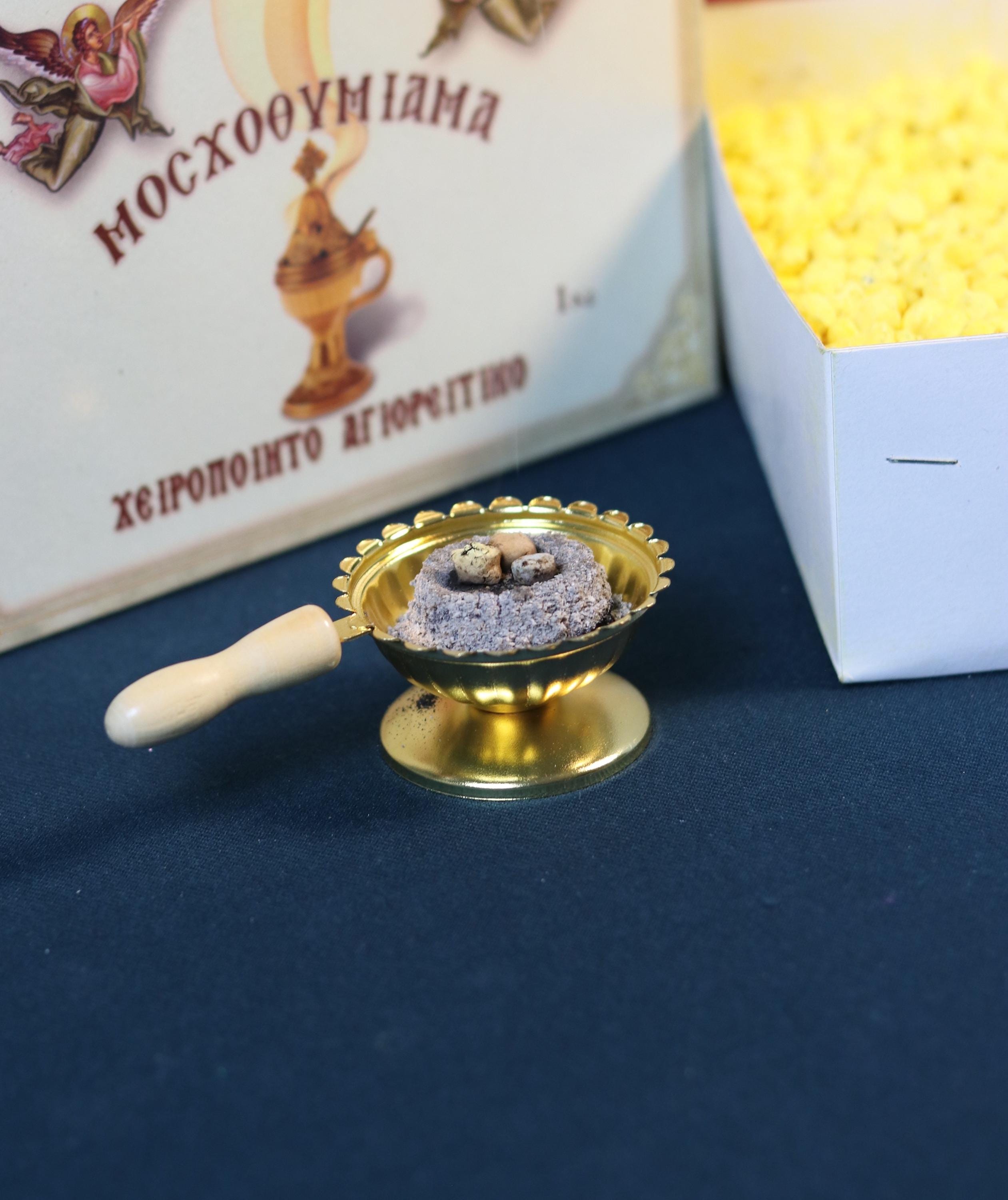 For Home Incense Set: 2in Brass Censer, 6 Charcoal Tablets (0.94in), 50g Greek Monastery Incense