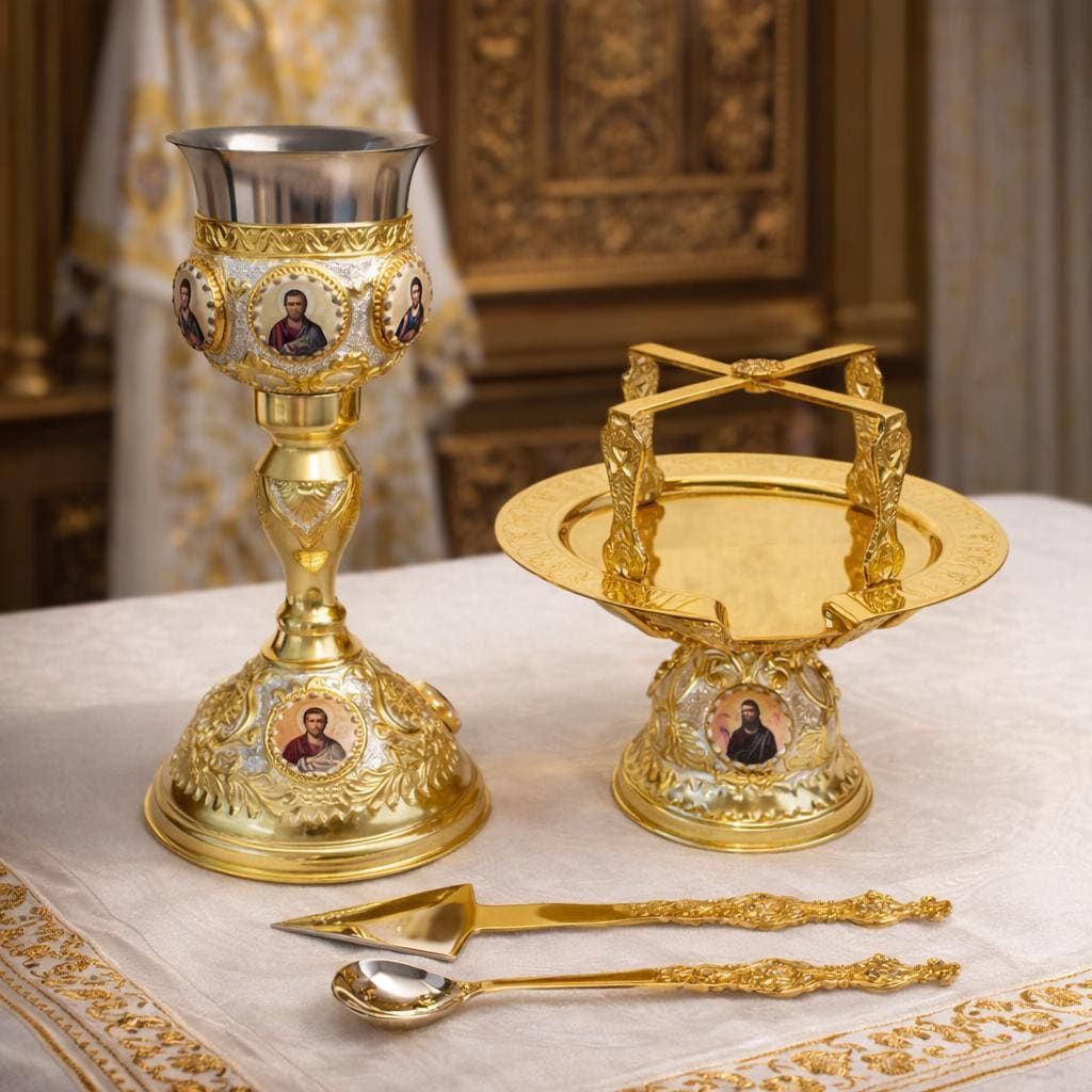 Brass Nickel Eucharist Set 250ml Chalice Diskos Set, Orthodox Communion Set with Icons, Spoon Spear Set, Engraved Liturgical Vessels