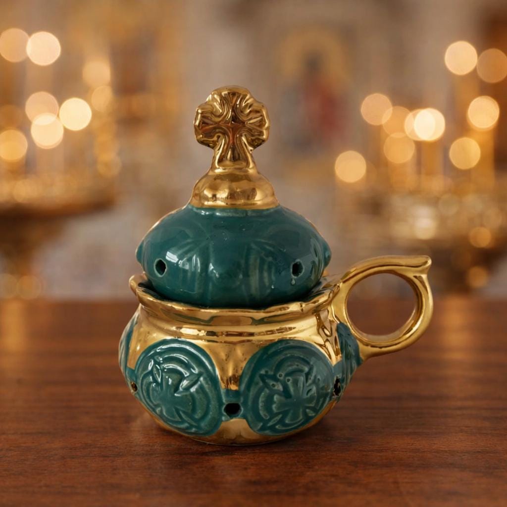 Green Ceramic Incense Burner 4.3 inches, Orthodox Censer, Christian Prayer Incense Holder