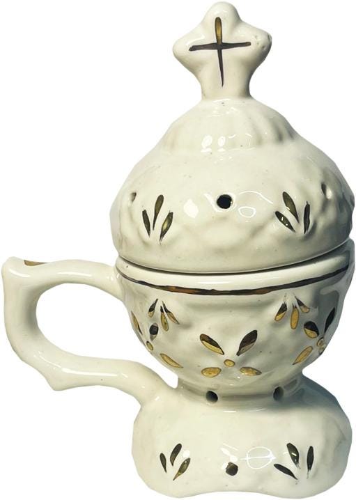 Christian incense set: white ceramic censer, triptych icon, 50 grams of Greek incense, 6 pcs. of coal.