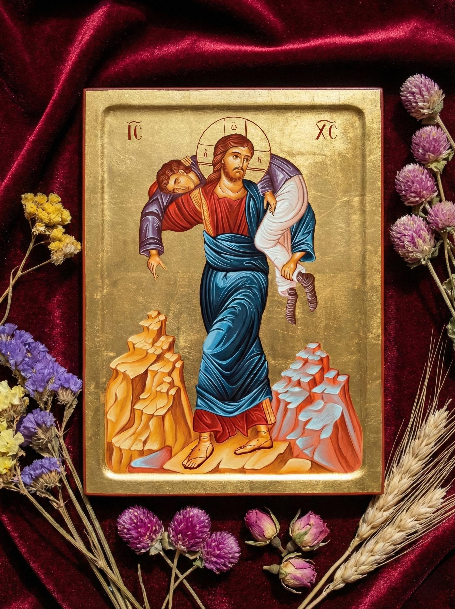 4.7x6.3x0.8 Inches Wooden Orthodox Icon, Jesus Christ Icon, Christ Carrying Man, Religious Wall Art, Christian Decor, Prayer Corner Icon