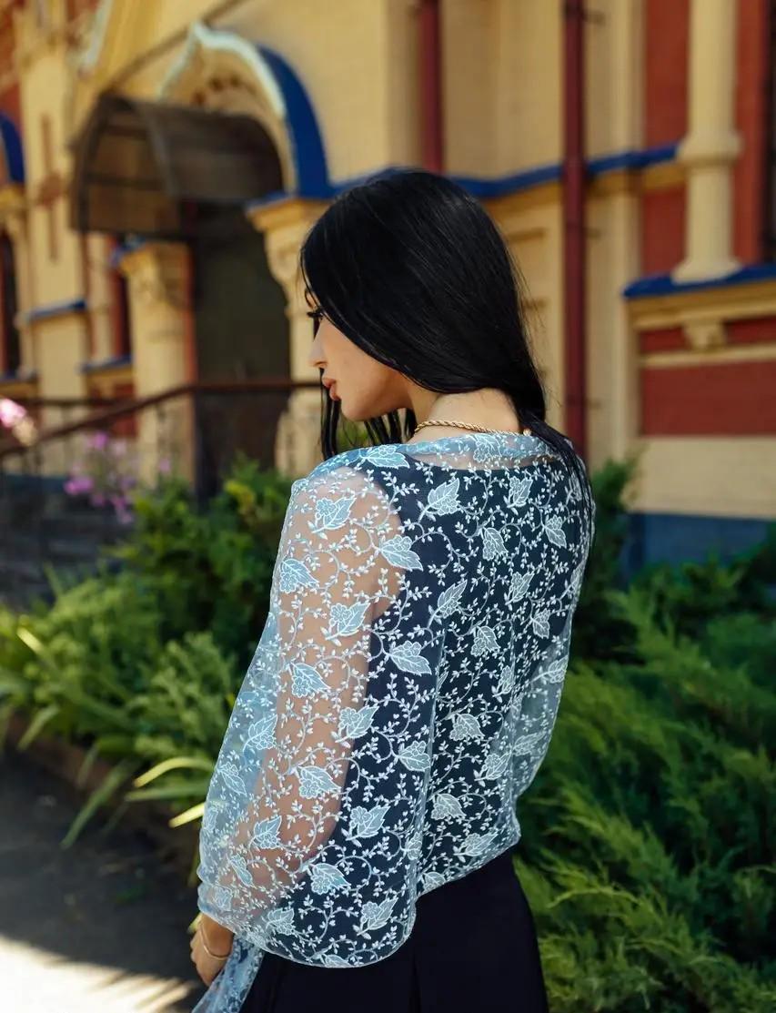 Blue Chiffon Women Scarf 61x20 Inch, Floral Lightweight Shawl, Elegant Summer Scarf