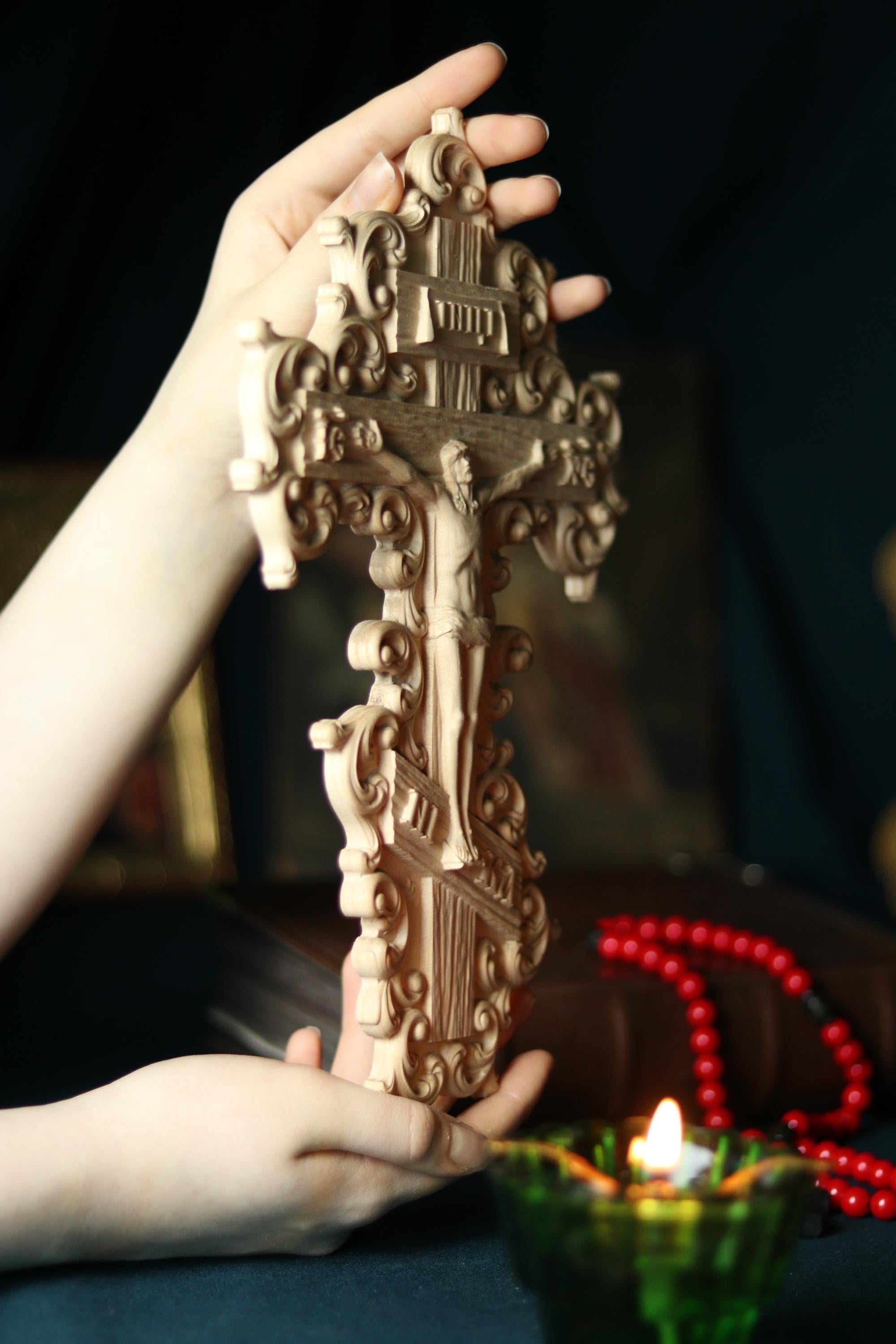 12in Beech Wood Crucifix, Hand Carved Wooden Cross, Cross of Lord Jesus Christ, Christian Cross, Orthodox Cross, Wall Cross