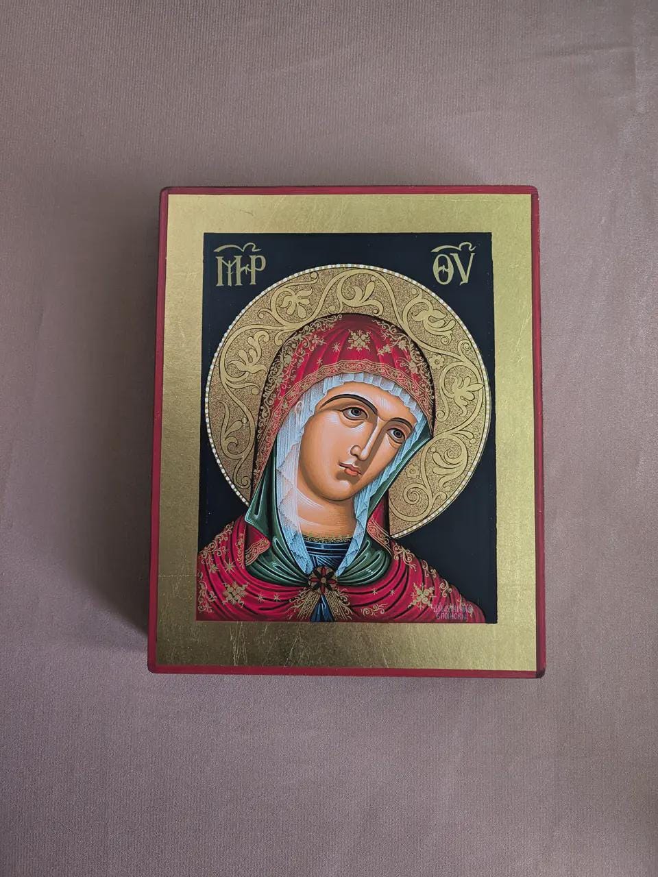 Hand-Painted Greek Icon 7.4×5.9in — Virgin Mary Icon, Byzantine Style, Gold Leaf Icon.