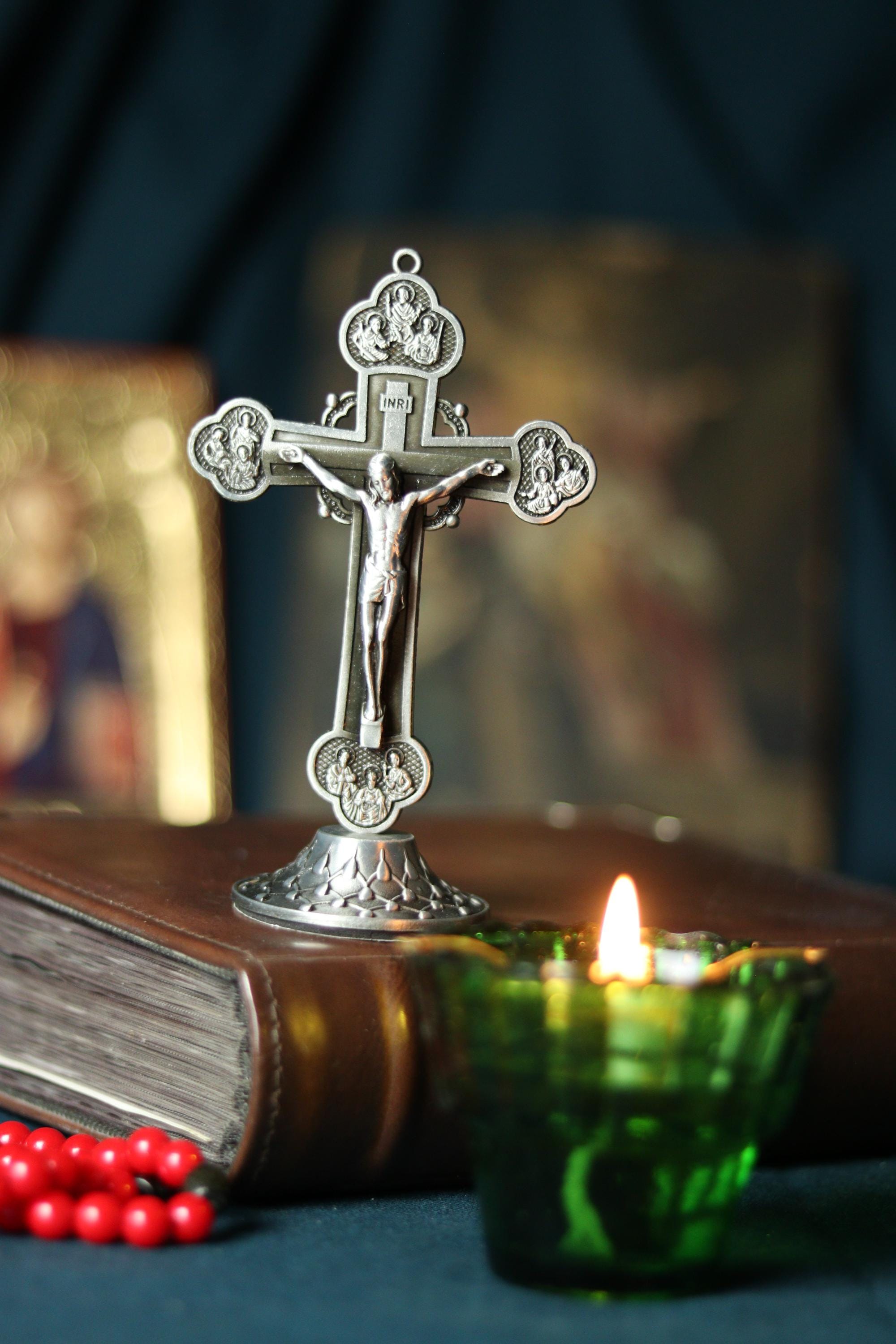 Metal Table Cross 3.5 in, Antique Silver Crucifix, Orthodox Cross, Christian Decor, Desk Cross, Religious Gift, Prayer Cross