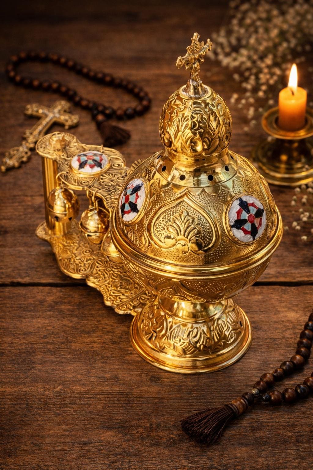 Orthodox Censer Nickel Plated 9.4 Inch, Church Incense Burner with Enamel