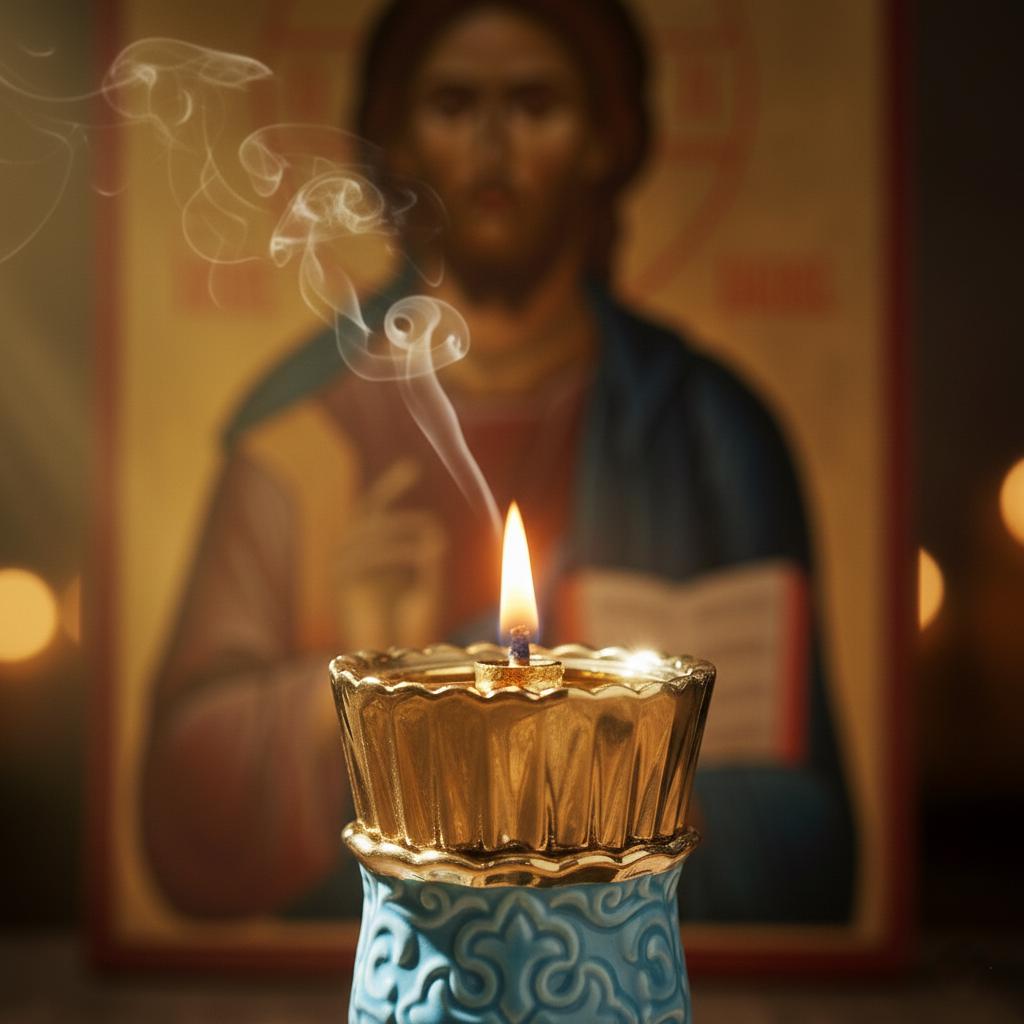 Blue Ceramic Lamp Set 2.17×4.33 in, with 10 Wicks & Floater, Orthodox Lamp, Icon Lamp, Prayer Light, Religious Decor