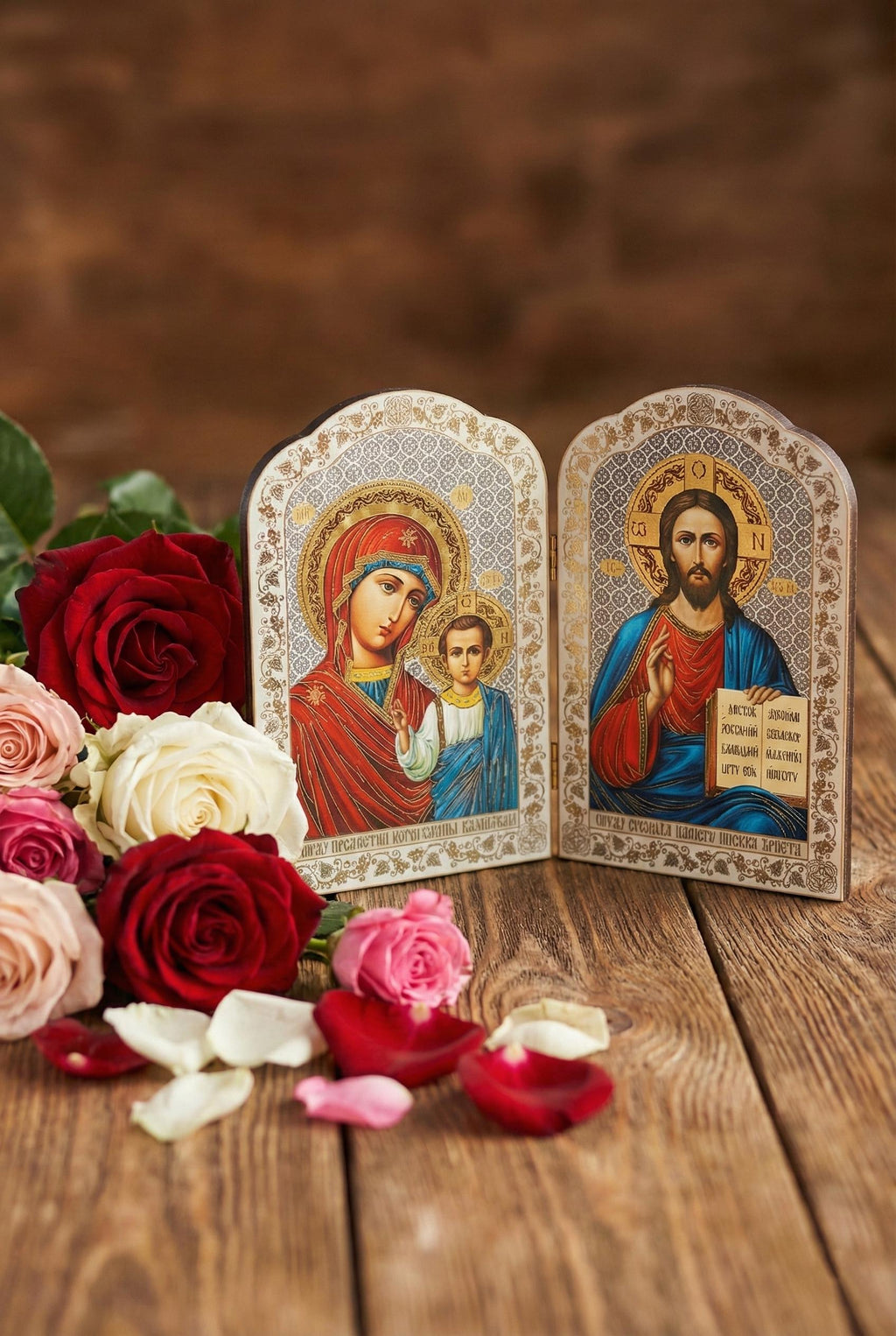 Wooden Orthodox triptych with the Mother of God and Jesus Christ, 5.1×7.9 in.