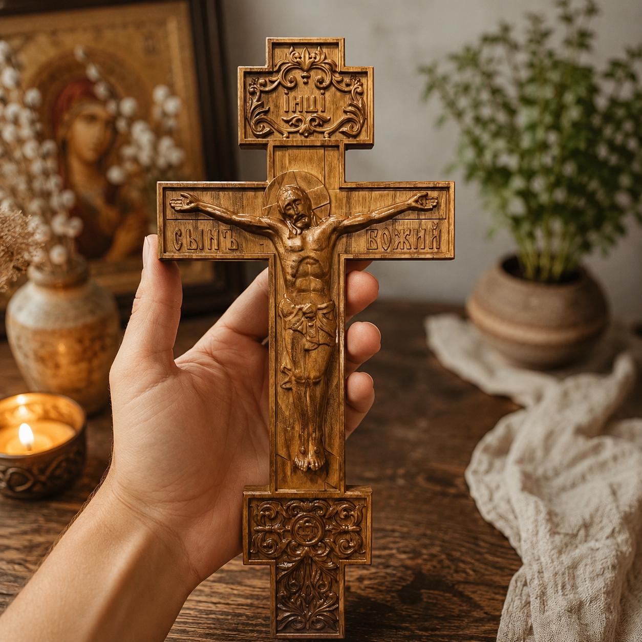 Orthodox Wooden Crucifix, Beech Wood Wall Cross with Jesus Christ, Handmade Christian Cross
