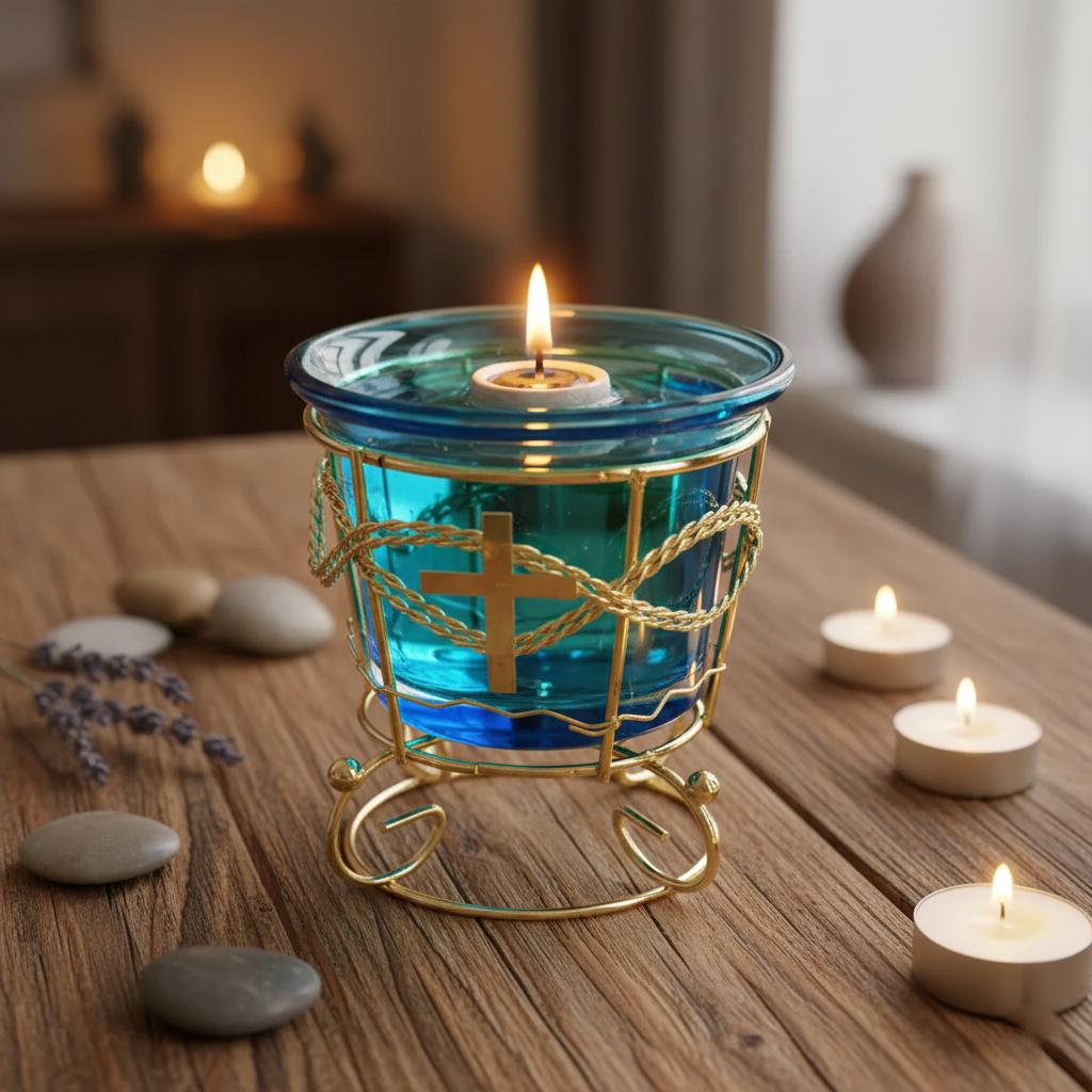Blue Glass Oil Lamp in Metal Stand  – Orthodox Candle Holder for Prayer