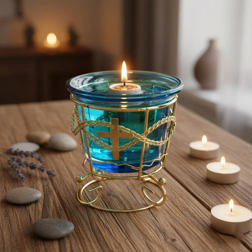 Blue Glass Oil Lamp in Metal Stand  – Orthodox Candle Holder for Prayer
