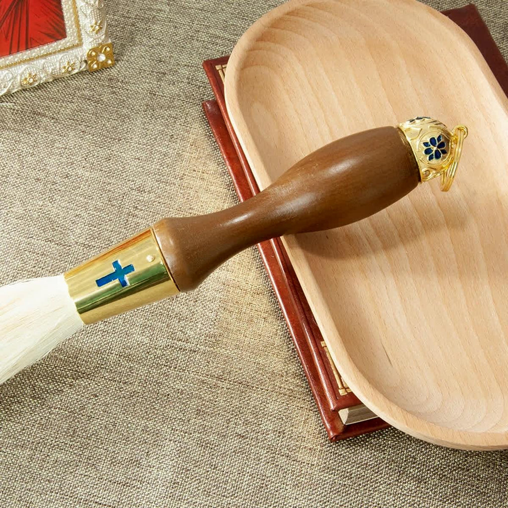 Orthodox Holy Water Brush 15.4" | Brass & Wood Aspergillum | Blue or Red Cross | Priest Blessing Brush | Liturgical Accessory