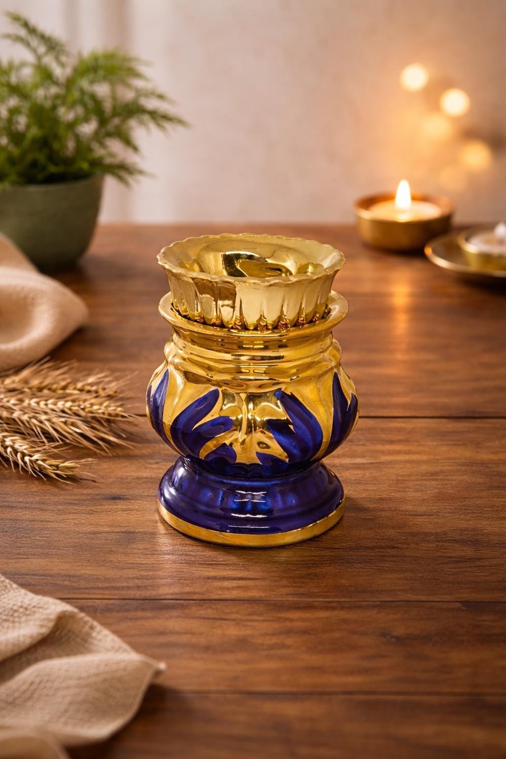 Orthodox Oil Lamp 3.7 in, Blue Ceramic Lampada with Glass Cup, Christian Prayer Lamp, Icon Lamp for Home Altar