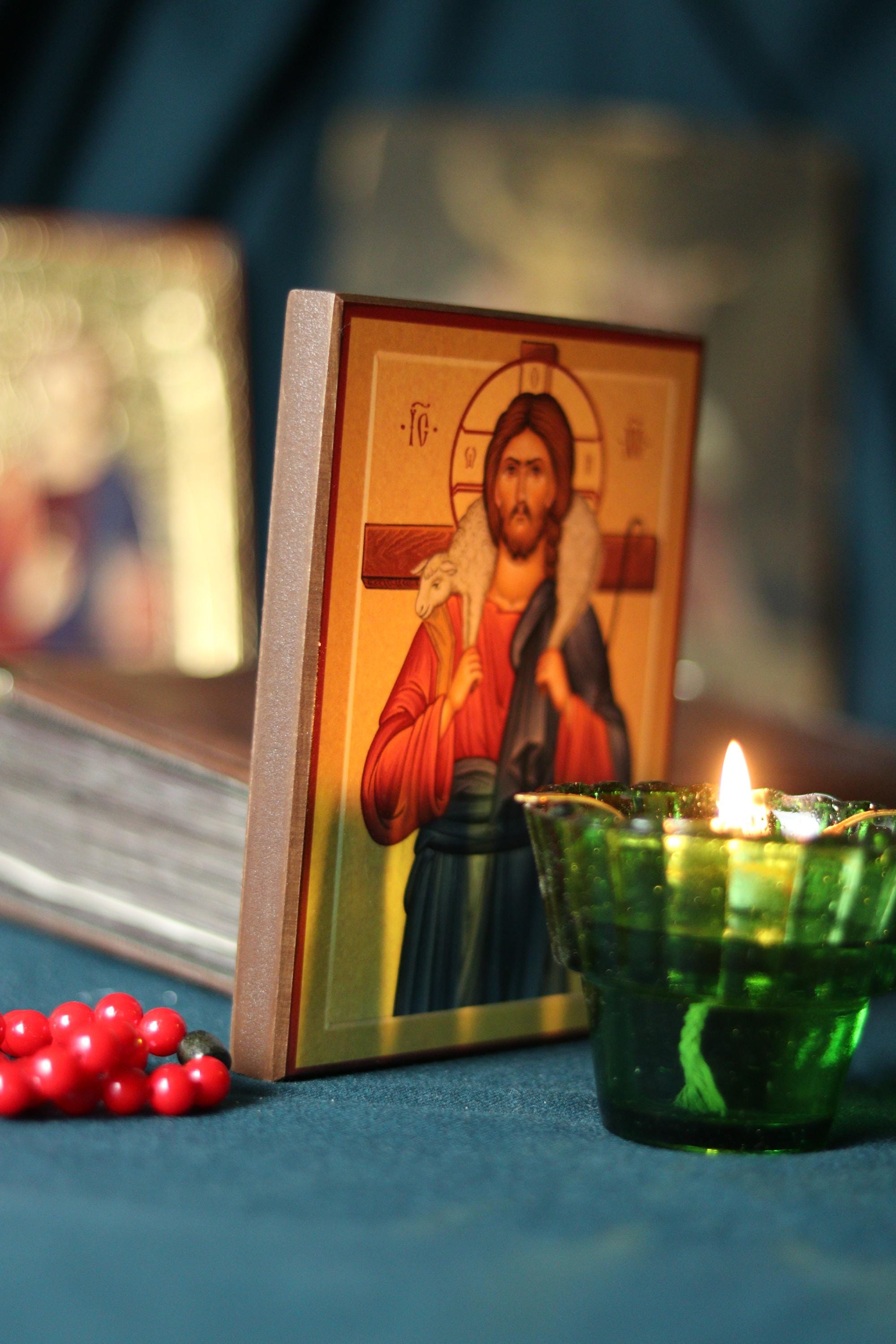 Wooden Icon , Good Shepherd Icon, Jesus Christ Icon, Orthodox Icon