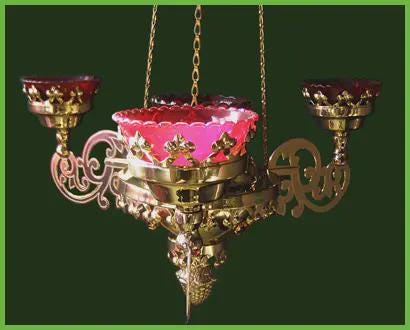 Brass Four-Light Hanging Lampada, Orthodox Chandelier, Greek Church Lamp