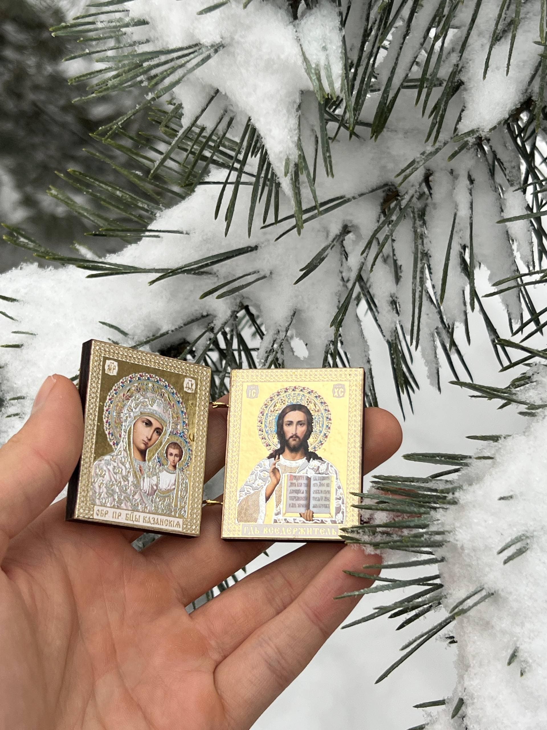 Wooden Folding Icon 1.6×2 inch, Kazan Mother of God, Jesus Christ Savior, Orthodox Icon, Pocket Icon, Christian Gift, Prayer Travel Icon