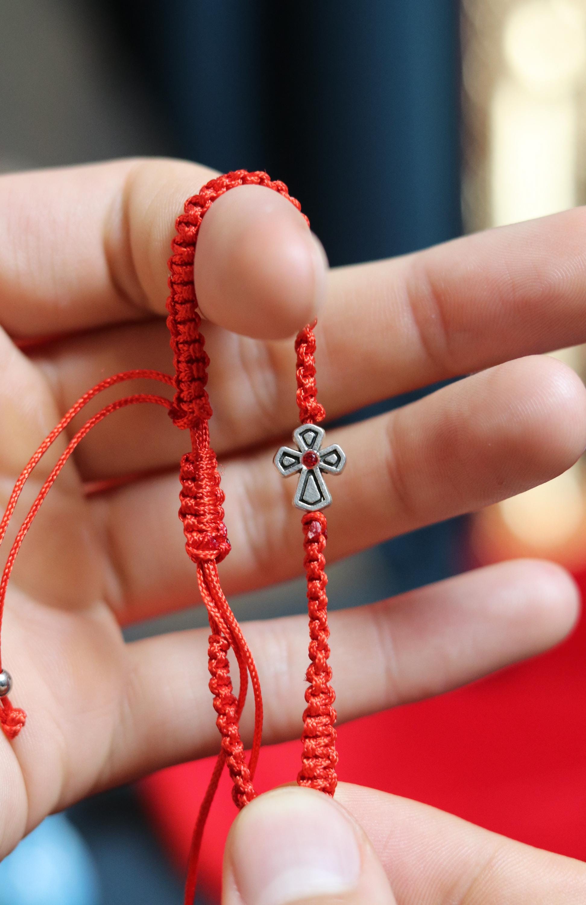 Red Cord Cross Bracelet – Adjustable Christian Bracelet with Silver-Tone Cross and Beads, Faith Jewelry Gift