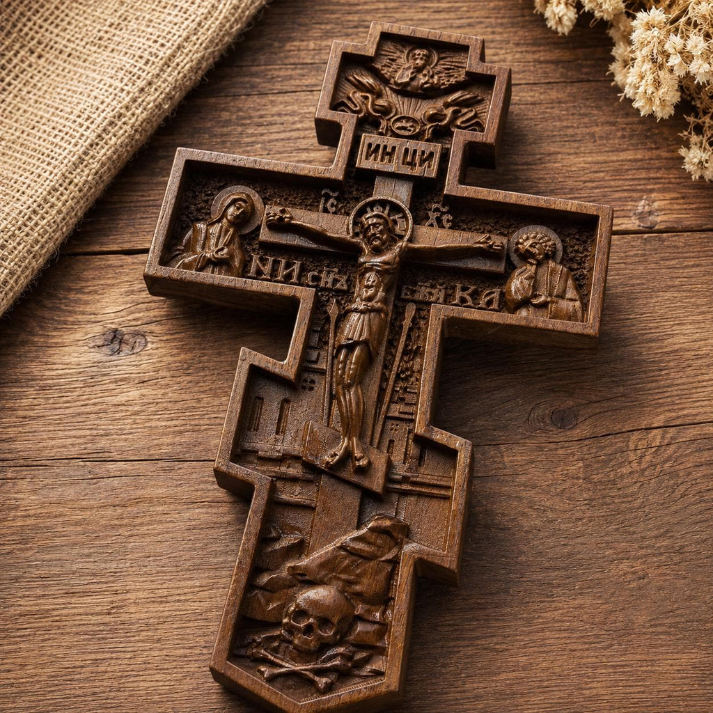 Orthodox Wooden Crucifix, Handcrafted Natural Wood Cross