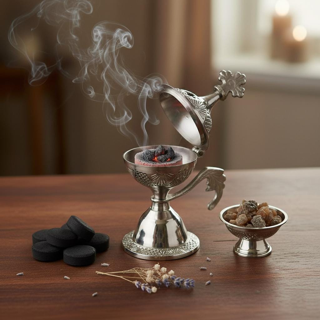 Small Silver Incense Burner 4.3in Set – Greek Orthodox Censer, 50g Greek Incense, 24mm Charcoal Tablets.