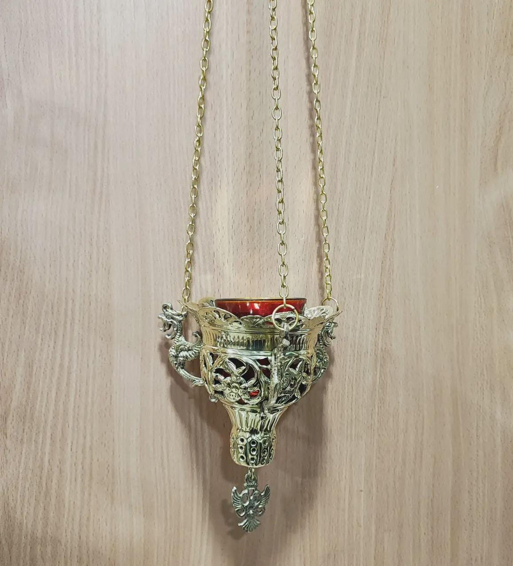 Hanging Vigil Lamp 7.3x4.9 in,, Greek Orthodox Lampada with 16.7 in Chain